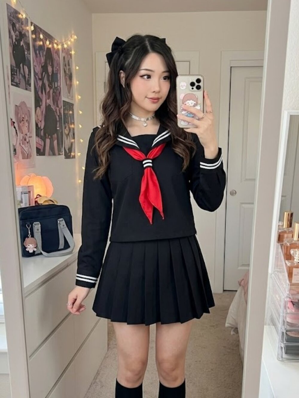 Black Sailor-StyleTop with Red Neck Scarf cosplay japanese anime high school